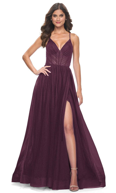 La Femme 31457 - Ruched Bodice V-Neck Prom Dress Evening Dresses 00 /  Dark Berry