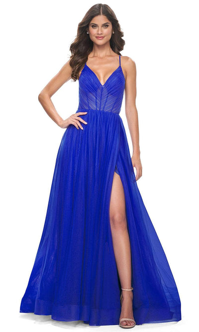 La Femme 31457 - Ruched Bodice V-Neck Prom Dress Evening Dresses 00 /  Royal Blue