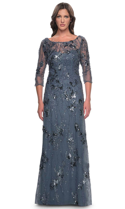 La Femme 31458 - Quarter Sleeve Rhinestone Embellished Evening Gown Mother of the Bride Dresses 4 / Slate Gray