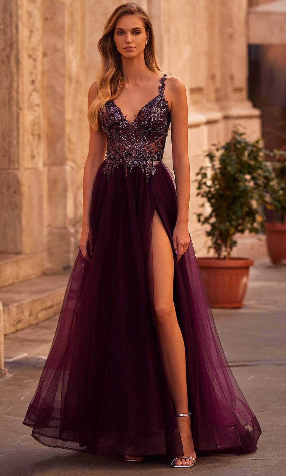 La Femme 31471 Long Beaded/Tulle A Line Dress Spaghetti Straps