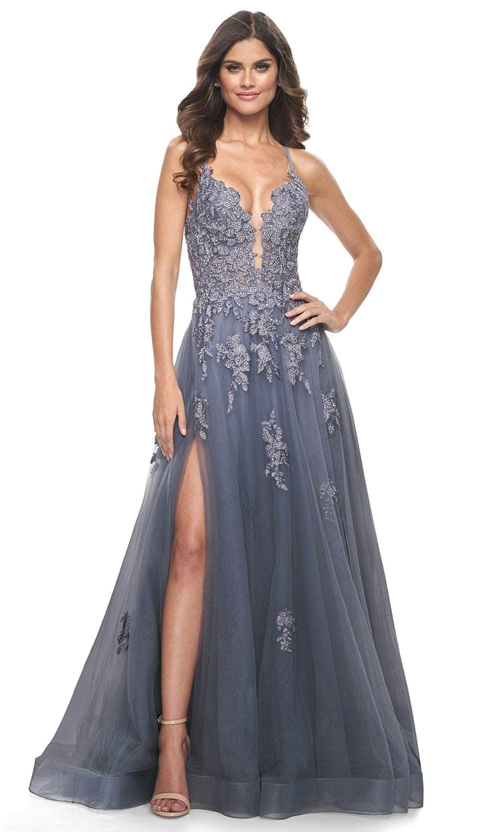 La Femme 31472 - Sleeveless Strappy Back Prom Gown Evening Dresses 00 /  Slate