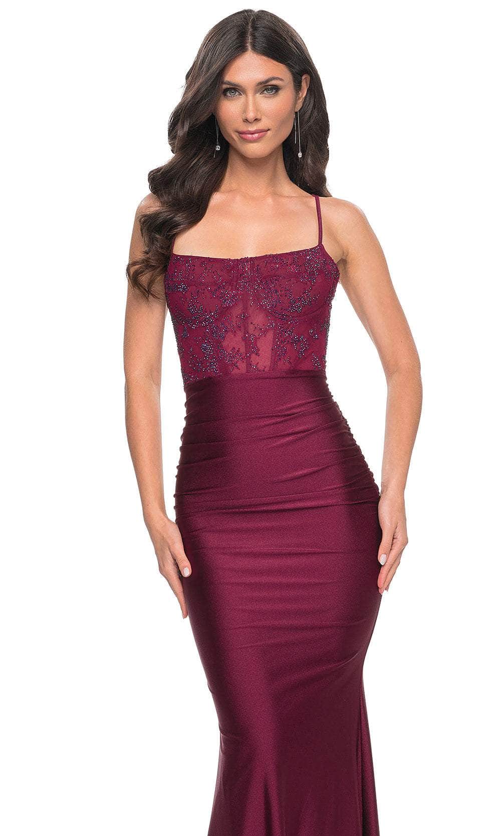 La Femme 31857 - Long Jersey Sheath Dress - Spaghetti Straps, Sheer Corset Bodice, Lace Details, Lace Up Back, Sweep Train ADASA La Femme 31857 - Long Jersey Sheath Dress - Spaghetti Straps, Sheer Corset Bodice, Lace Details, Lace Up Back, Sweep Train ADASA