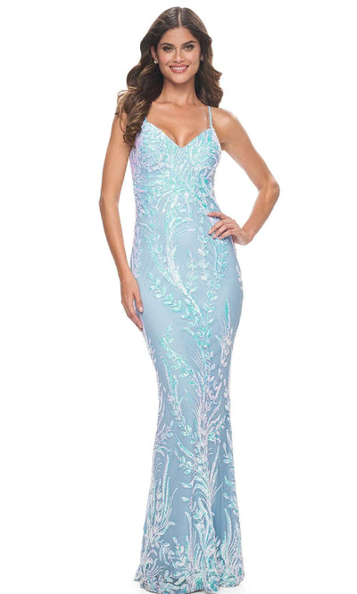 La Femme 31944 - Crisscross Back Sheath Prom Dress Evening Dresses 00 /  Cloud Blue