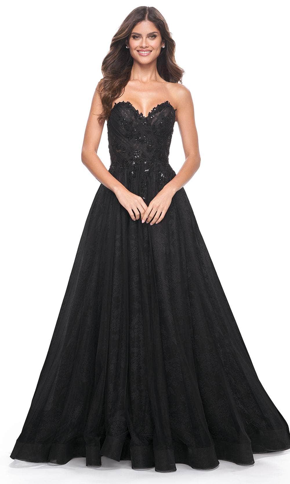 La Femme 31954 Appliqued Strapless A-Line Prom Dress | Formal Dress Shops Black / 6 La Femme 31954 Appliqued Strapless A-Line Prom Dress | Formal Dress Shops Black / 6