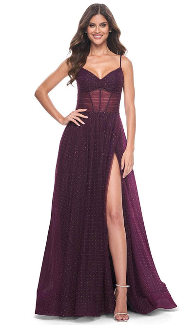 La Femme 31970 - High Slit A-Line Prom Dress Special Occasion Dress 00 / Dark Berry