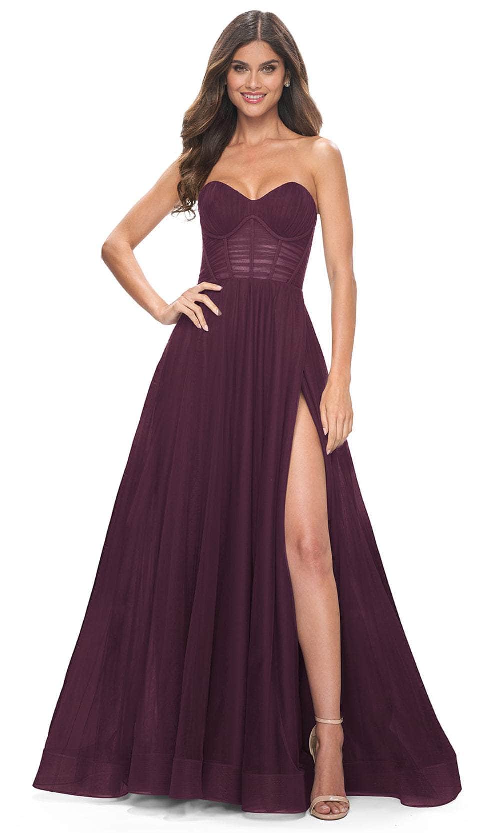 La Femme 31971 - Tulle High Slit Prom Dress Prom Dresses 00 / Dark Berry