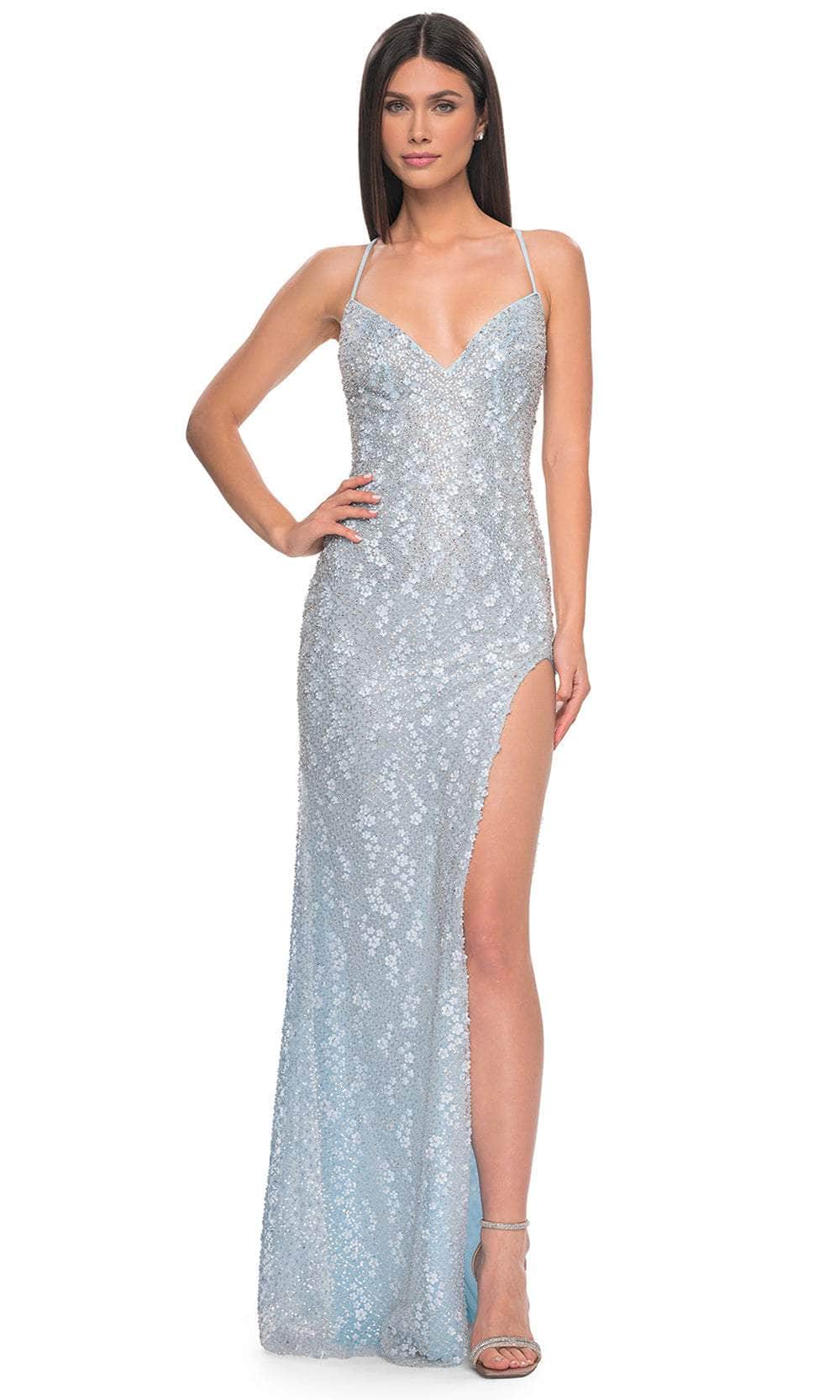 La Femme 31993 - Embellished Lace Prom Dress Evening Dresses 00 /  Light Blue