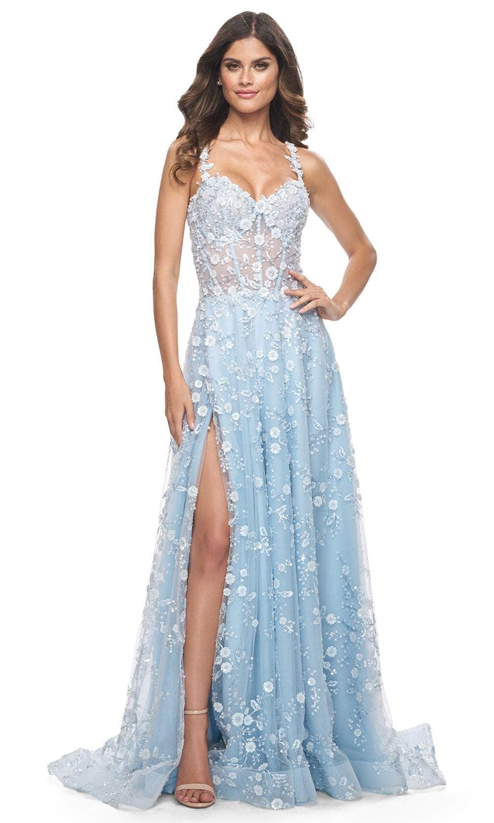 La Femme 31996 - Floral Bustier Prom Dress Evening Dresses 00 /  Light Blue