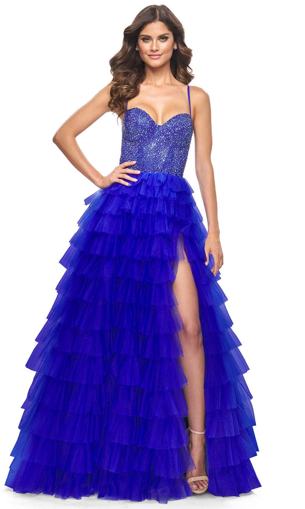 La Femme 32002 - Tiered Ruffle A-Line Prom Gown Evening Dresses 00 /  Royal Blue