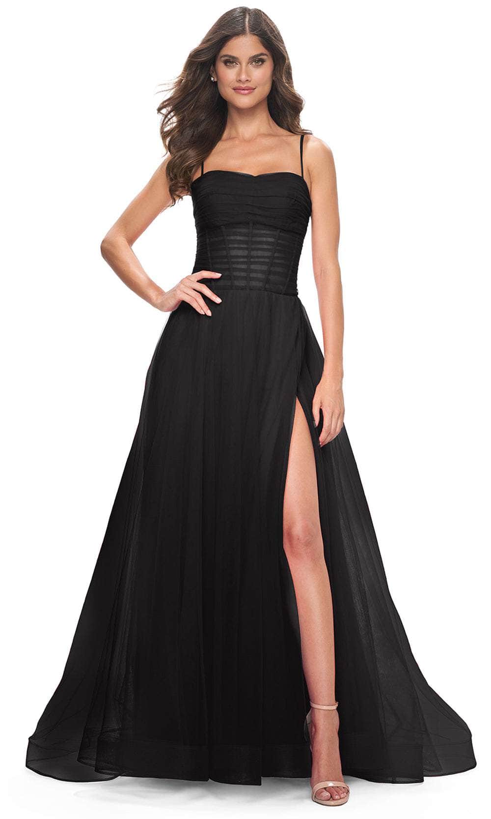 La Femme 32017 - Long Tulle A Line Dress - Spaghetti Straps, Ruched Bodice, Sheer Midriff, Midrise Back, Concealed Zipper Closure, High Slit, Sweep Train ADASA La Femme 32017 - Long Tulle A Line Dress - Spaghetti Straps, Ruched Bodice, Sheer Midriff, Midrise Back, Concealed Zipper Closure, High Slit, Sweep Train ADASA