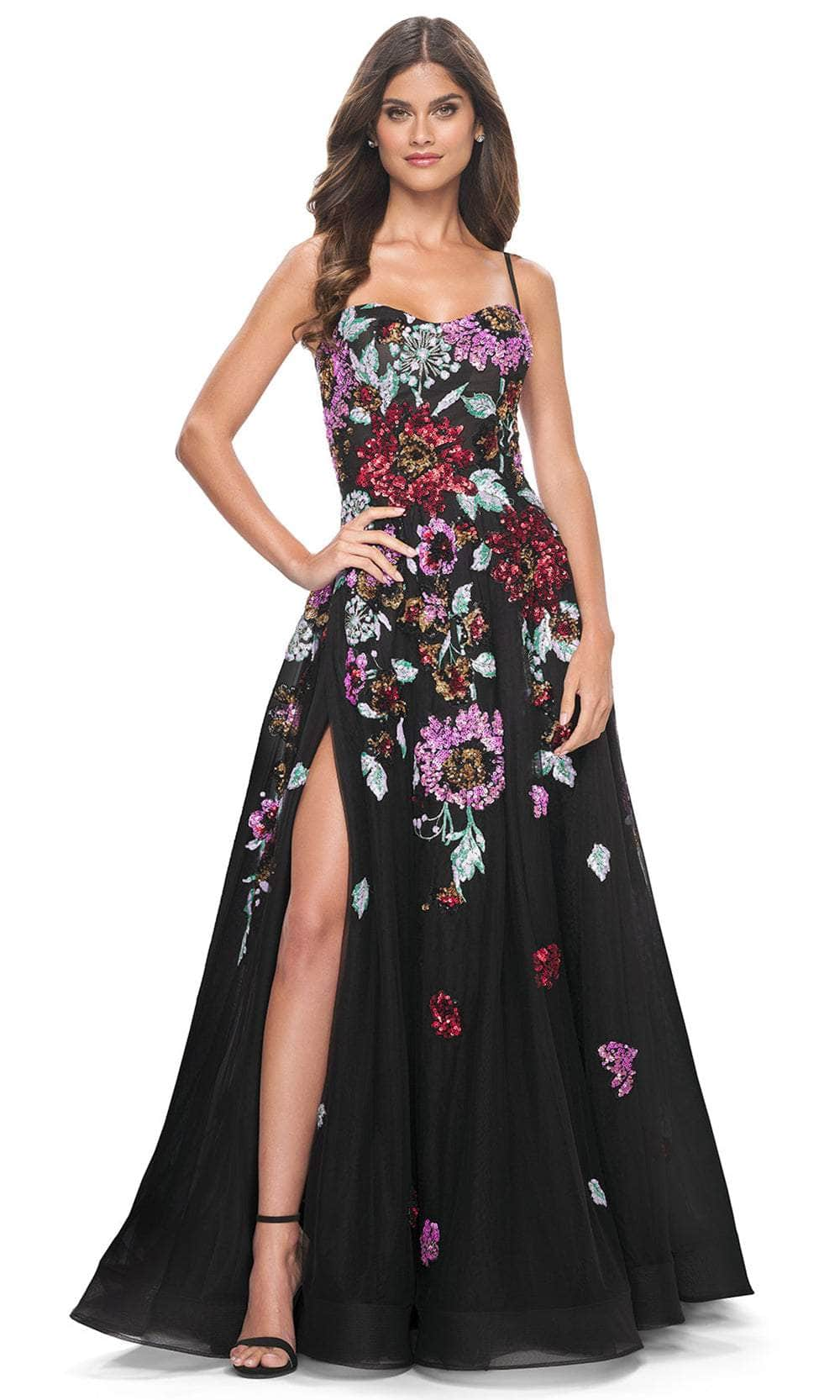 La Femme 32019 - Sweetheart Neck Floral Sequin Prom Gown Evening Dresses 00 /  Black