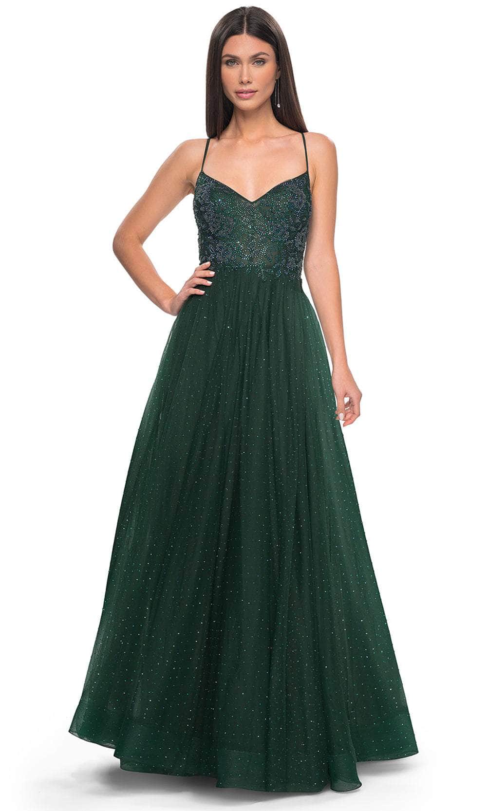 La Femme 32020 - Long Hot Stone/Tulle A Line Dress - Spaghetti Straps, Sheer Beaded Bodice, Lace Up Open Back, High Slit, Sweep Train ADASA La Femme 32020 - Long Hot Stone/Tulle A Line Dress - Spaghetti Straps, Sheer Beaded Bodice, Lace Up Open Back, High Slit, Sweep Train ADASA