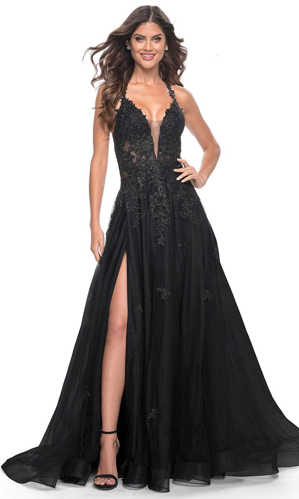 La Femme 32022 - Lace Appliqued A-Line Prom Dress Prom Dresses 00 / Black