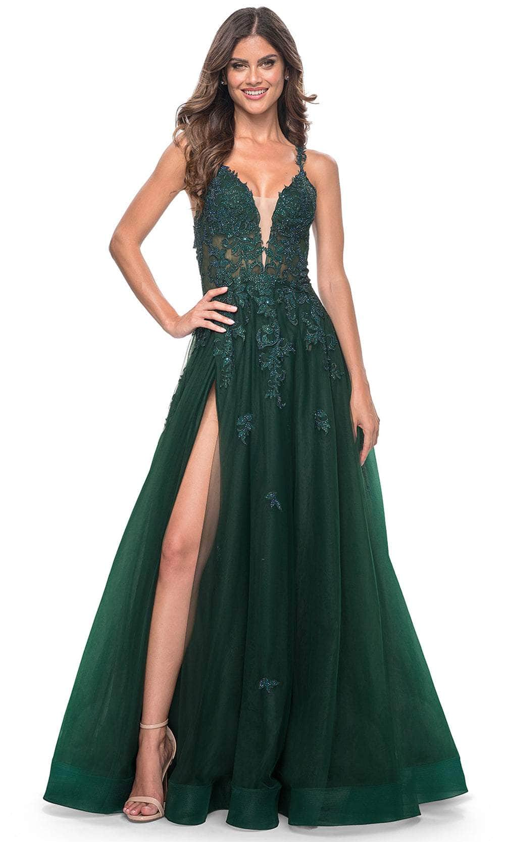 La Femme 32022 - Lace Appliqued A-Line Prom Dress Prom Dresses 00 / Dark Emerald