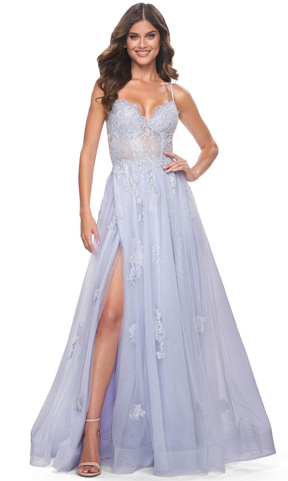 La Femme 32028 - High Slit Lace Prom Dress Special Occasion Dress 00 / Light Periwinkle