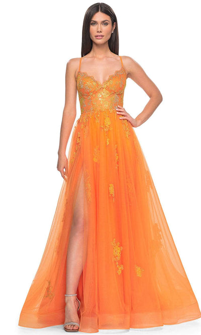 La Femme 32028 - High Slit Lace Prom Dress Special Occasion Dress 00 / Orange