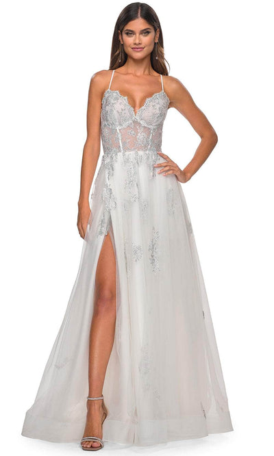 La Femme 32028 - High Slit Lace Prom Dress Special Occasion Dress 00 / White