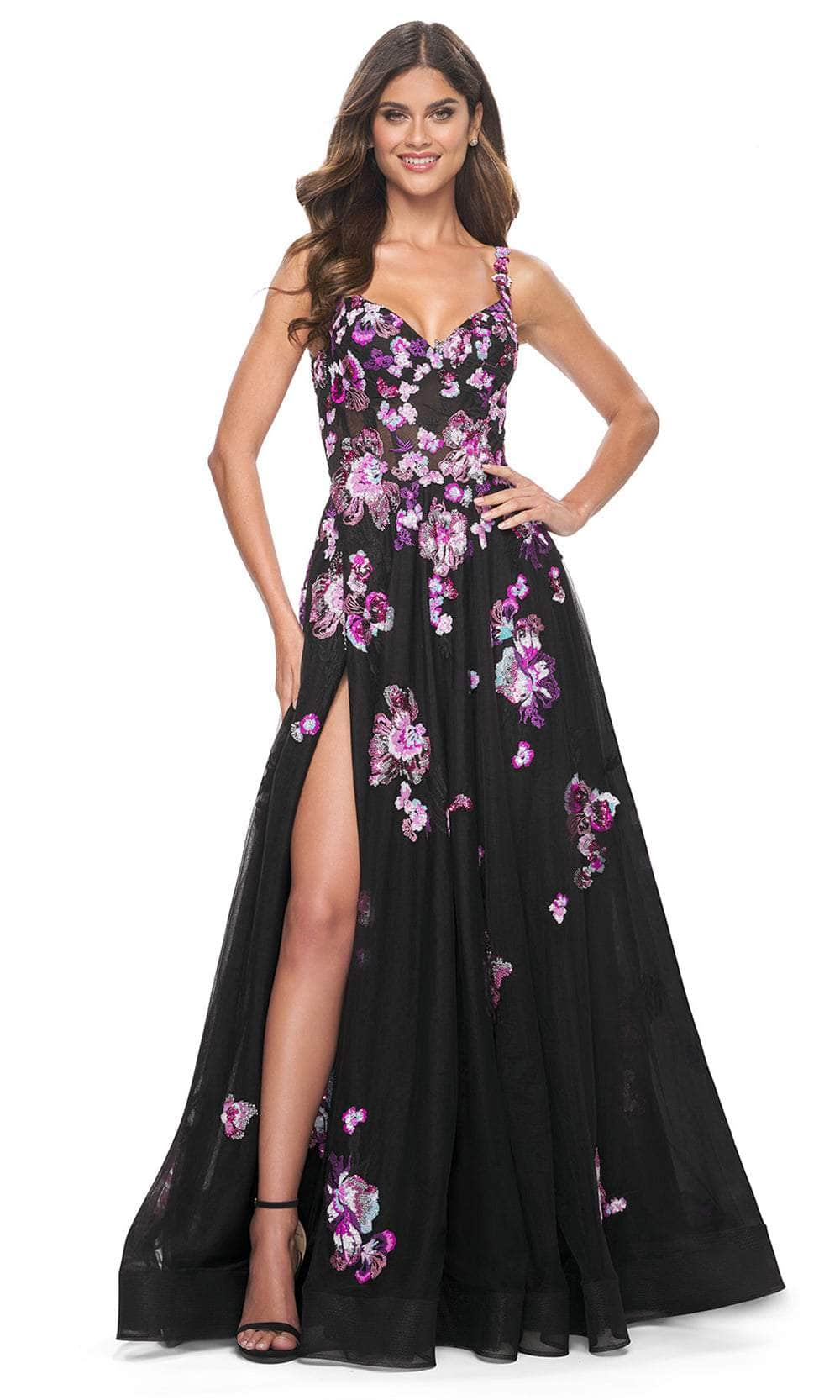 La Femme 32030 - Floral Sequin Sleeveless Prom Gown Evening Dresses 00 /  Black