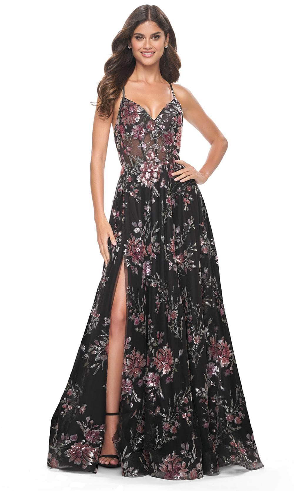 La Femme 32031 - Tie Back Floral Prom Gown Evening Dresses 00 /  Black