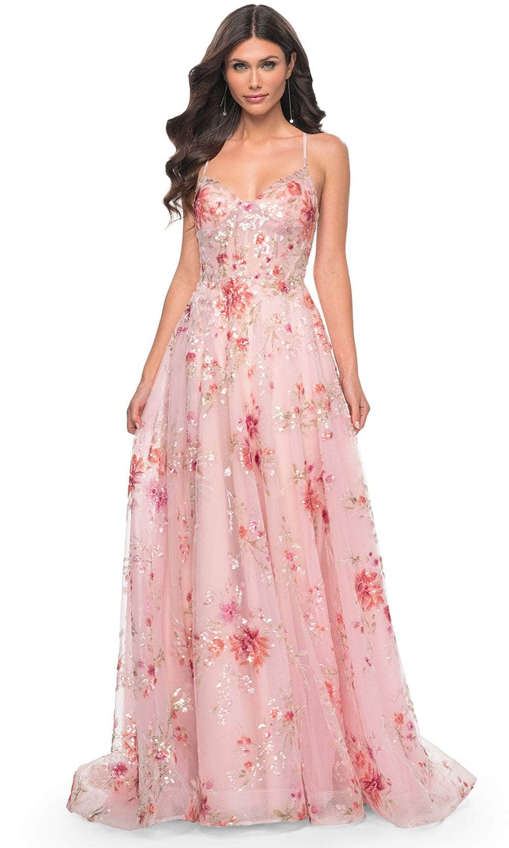 La Femme 32031 - Tie Back Floral Prom Gown Evening Dresses 00 /  Light Pink