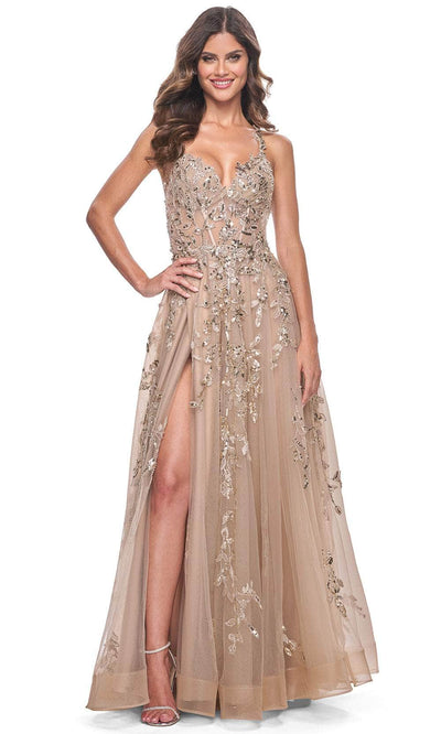 La Femme 32052 - V-Neck Tulle A-Line Prom Gown Evening Dresses 00 /  Nude