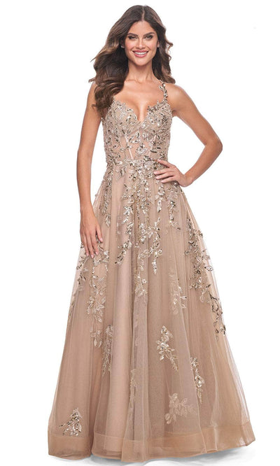 La Femme 32052 - V-Neck Tulle A-Line Prom Gown Evening Dresses