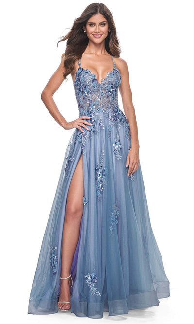 La Femme 32057 - V-Neck Beaded Prom Gown Prom Dresses 00 / Slate Blue
