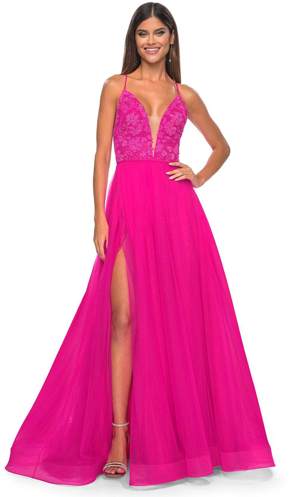 La Femme 32059 - Beaded Applique Prom Dress Evening Dresses 00 /  Hot Fuchsia