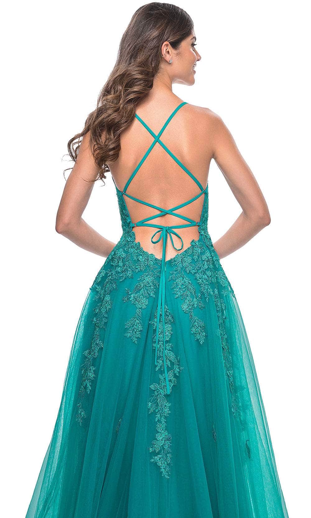 La Femme 32062 Lace Appliqued Plunging Prom Dress | Formal Dress Shops 4 / Strawberry La Femme 32062 Lace Appliqued Plunging Prom Dress | Formal Dress Shops 4 / Strawberry