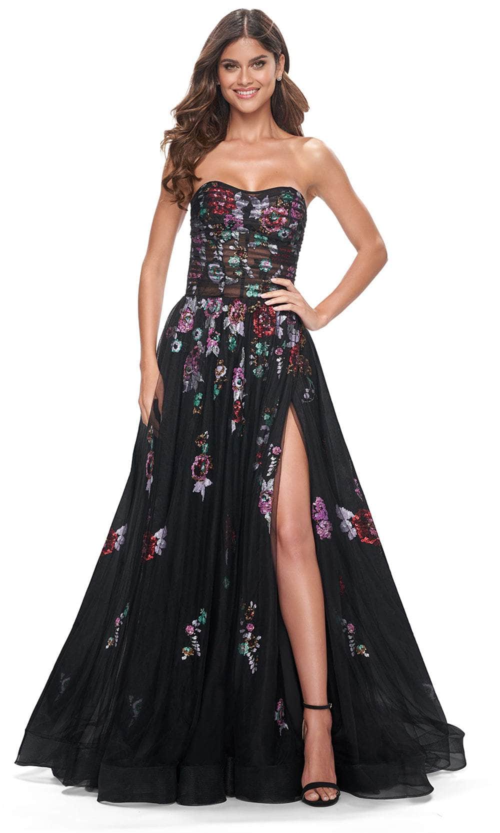 La Femme 32072 - Illusion Bodice Floral Sequin Prom Gown Prom Dresses 00 / Black