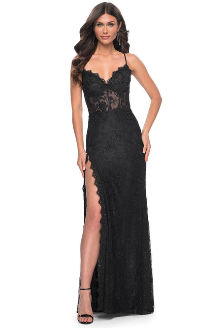 La Femme 32080 - Fitted Scallop Lace Prom Gown Evening Dresses 00 /  Black