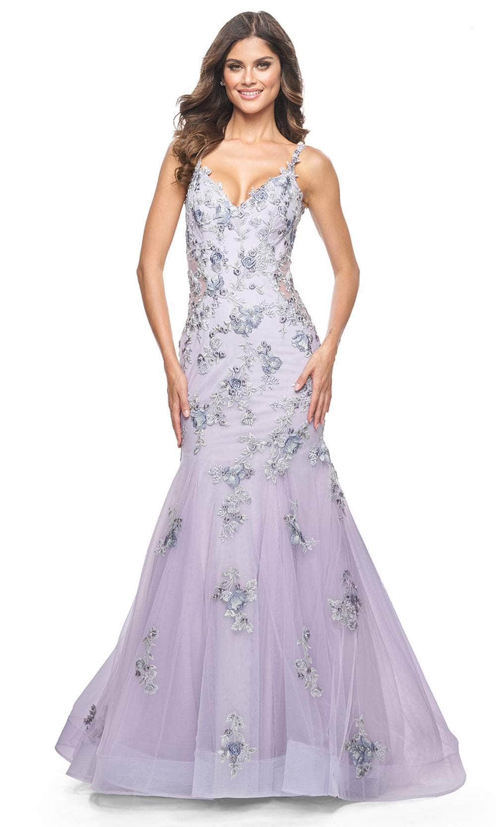 La Femme 32091 - Lace Applique V-Neck Prom Gown Prom Dresses 00 / Lavender Gray