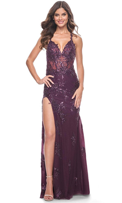 La Femme 32107 - Sequin Appliqued Sheath Prom Gown Prom Dresses 00 / Dark Berry
