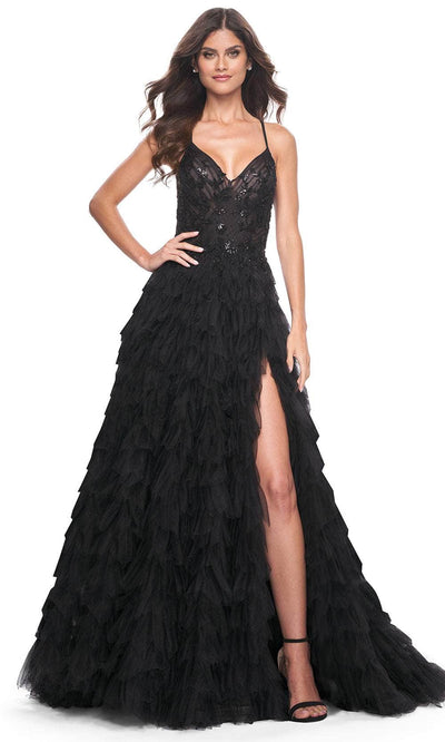 La Femme 32108 - V-Neck Ruched Detailed Prom Gown Prom Dresses 00 / Black