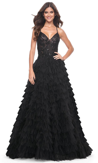 La Femme 32108 - V-Neck Ruched Detailed Prom Gown Prom Dresses