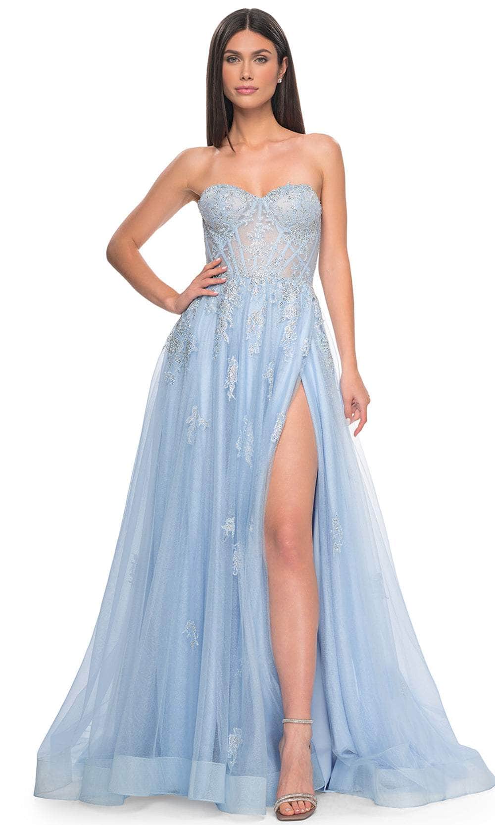 La Femme 32111 - Long Lace/Tulle A Line Dress - Strapless, Bustier Bodice, Corset Boning, Lace Appliques, Rhinestones, High Slit, Midrise Back, La Femme 32111 - Long Lace/Tulle A Line Dress - Strapless, Bustier Bodice, Corset Boning, Lace Appliques, Rhinestones, High Slit, Midrise Back,