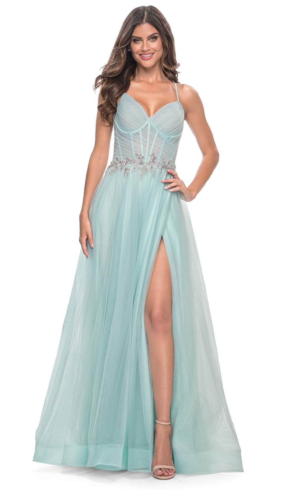 La Femme 32117 - Long Beading/Tulle A Line Dress - Spaghetti Straps, Ruched Bodice, Corset Boning, Appliqued Waist, High Slit, Lace Up Back, Concealed Zipper Closure, Sweep Train ADASA La Femme 32117 - Long Beading/Tulle A Line Dress - Spaghetti Straps, Ruched Bodice, Corset Boning, Appliqued Waist, High Slit, Lace Up Back, Concealed Zipper Closure, Sweep Train ADASA