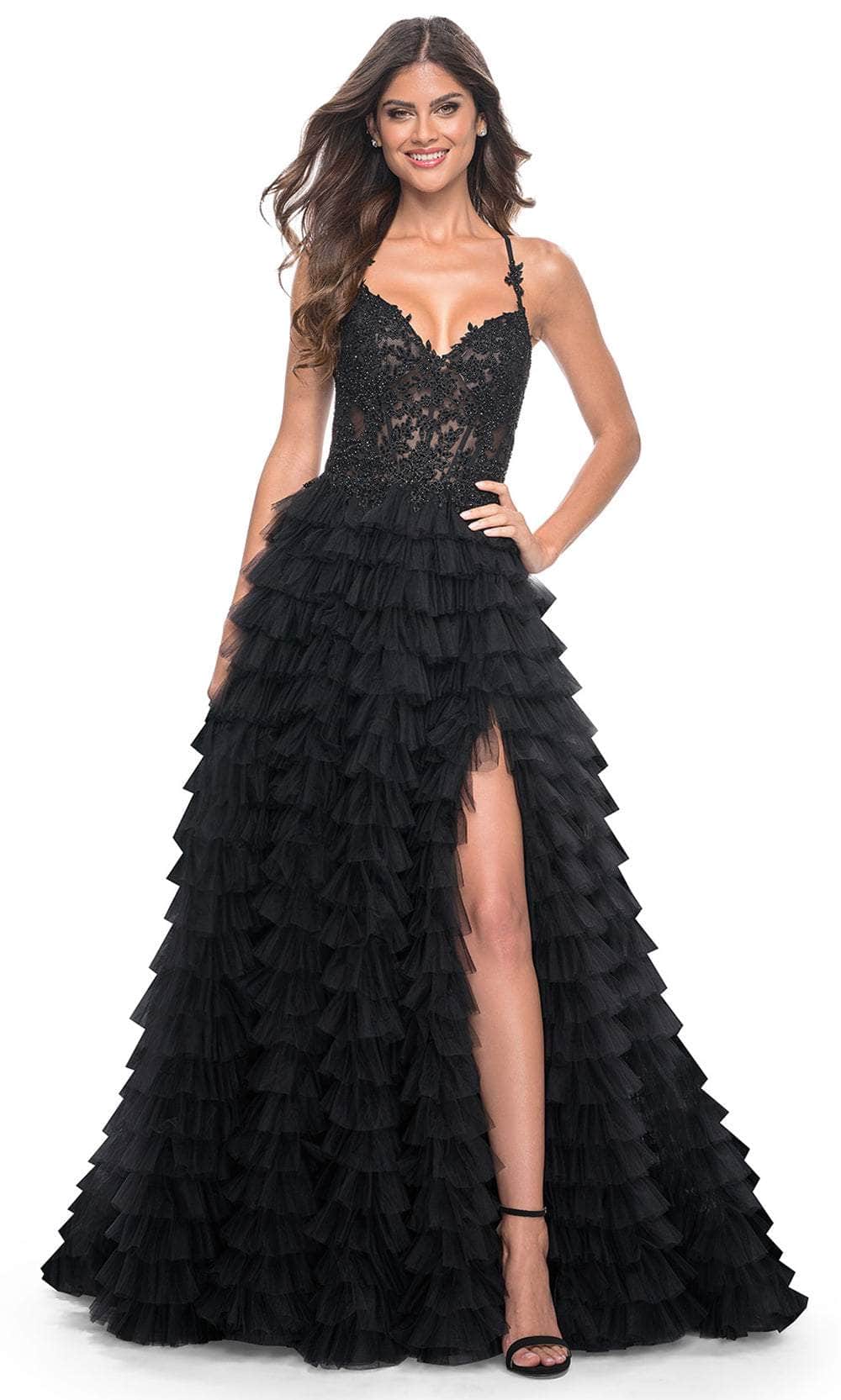 La Femme 32128 - Tiered High Slit Prom Dress Evening Dresses 00 /  Black