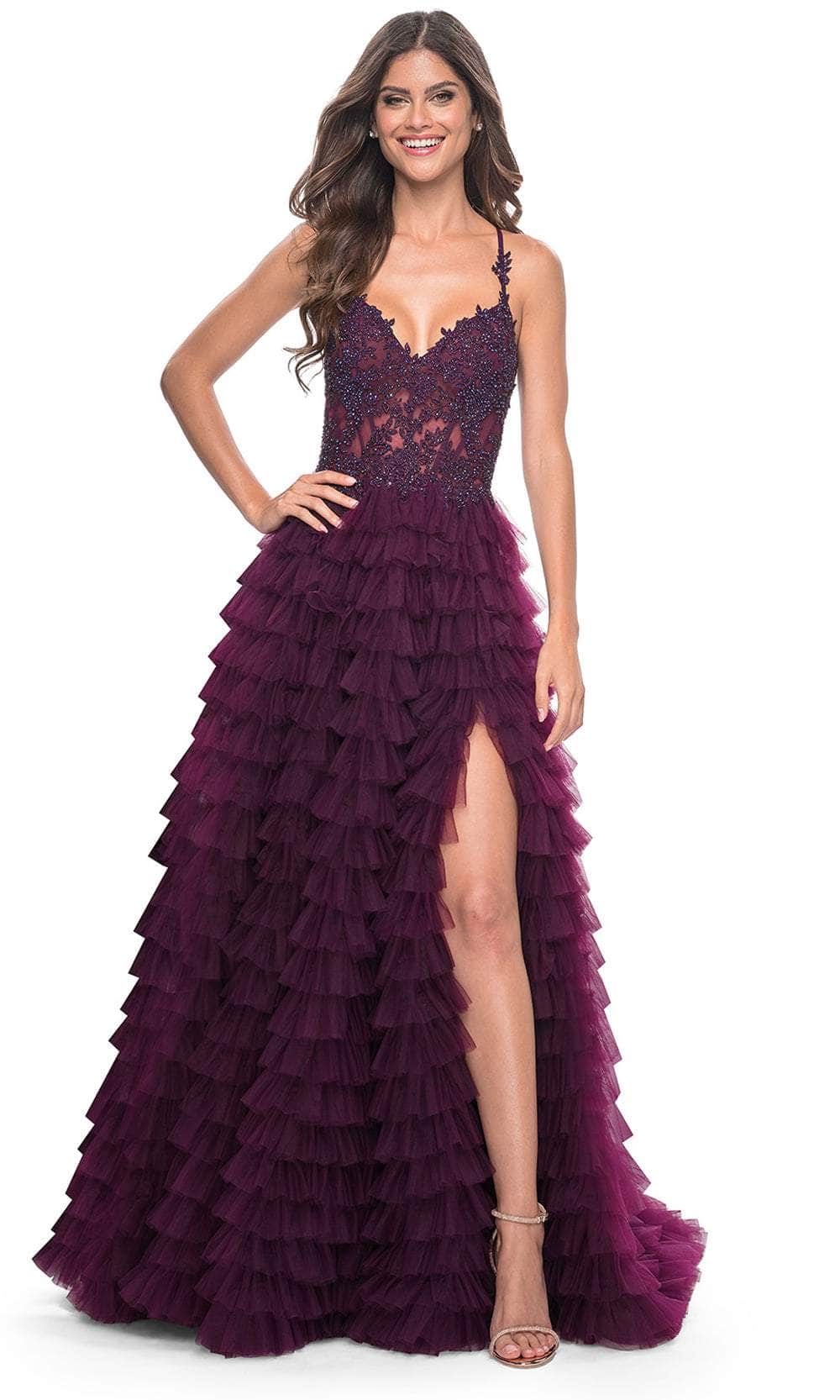 La Femme 32128 - Tiered High Slit Prom Dress Evening Dresses 00 /  Dark Berry
