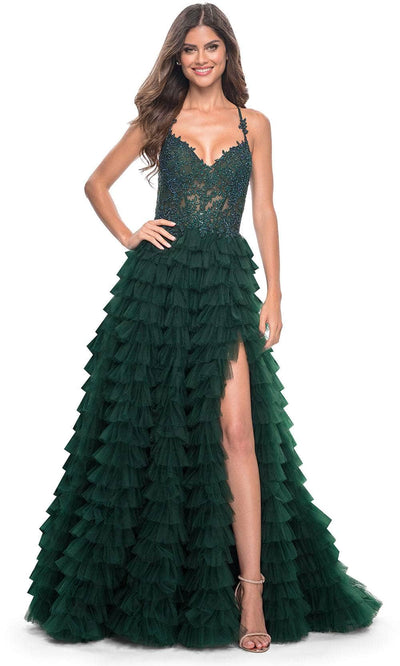 La Femme 32128 - Tiered High Slit Prom Dress Evening Dresses 00 /  Dark Emerald