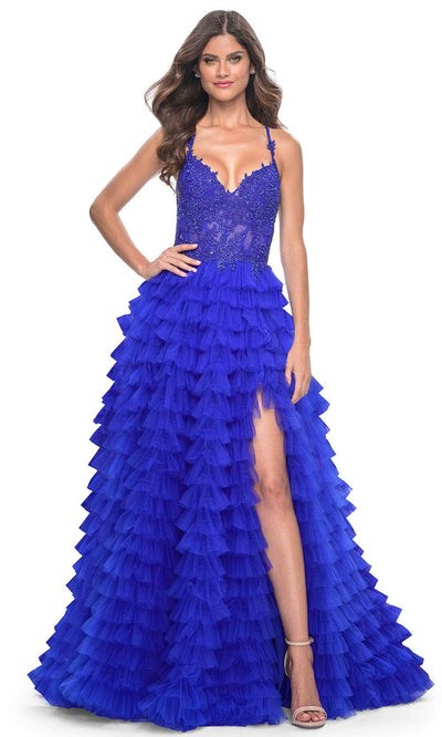 La Femme 32128 - Tiered High Slit Prom Dress Evening Dresses 00 /  Royal Blue