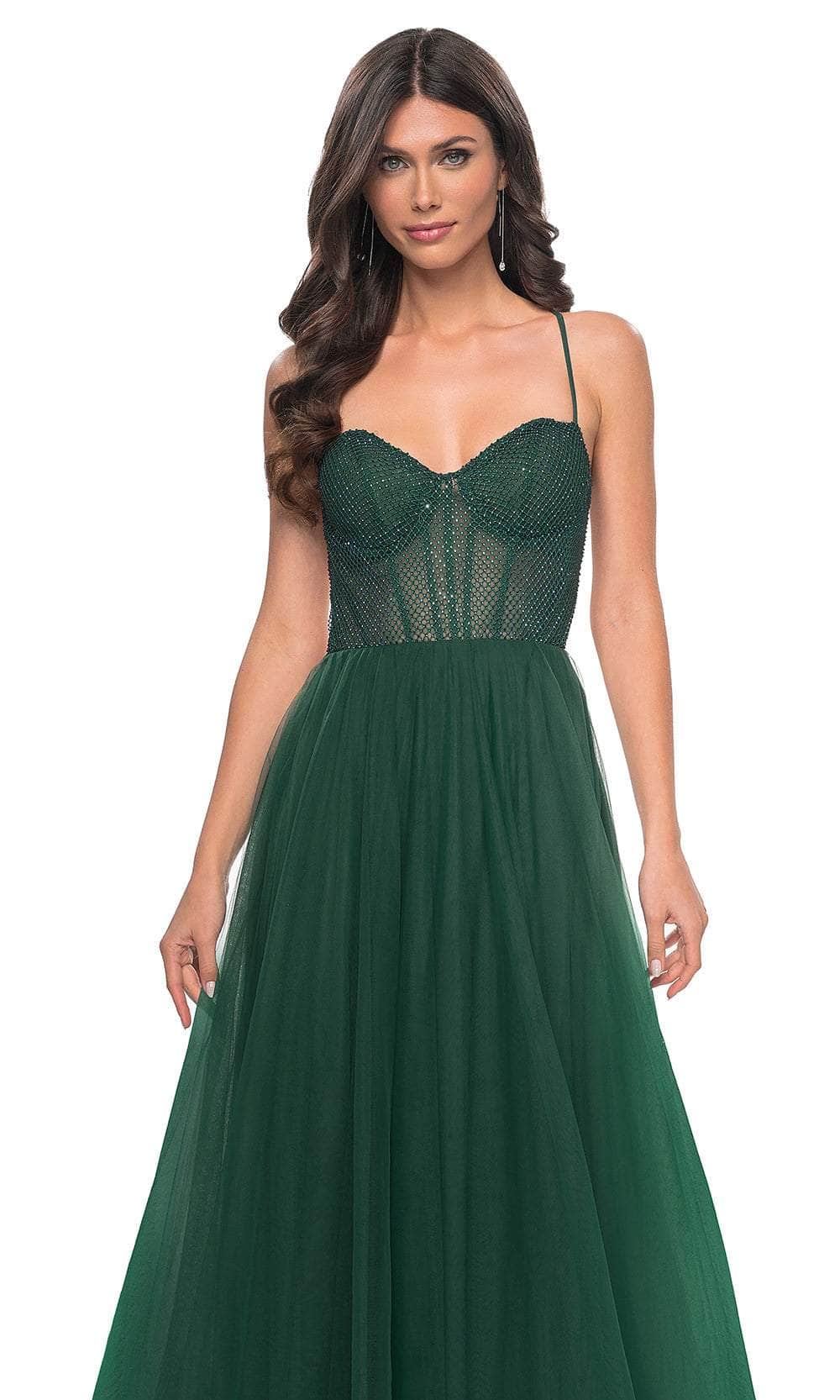 La Femme 32135 - Long Fishnet/Tulle A Line Dress - Spaghetti Straps, Corset Bodice, Low Open Back, Lace Up Design, High Slit, Sweep Train 4 / Royal La Femme 32135 - Long Fishnet/Tulle A Line Dress - Spaghetti Straps, Corset Bodice, Low Open Back, Lace Up Design, High Slit, Sweep Train 4 / Royal
