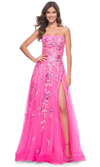 La Femme 32137 - Sequin Floral Straight-Across Prom Gown Prom Dresses 00 / Neon Pink