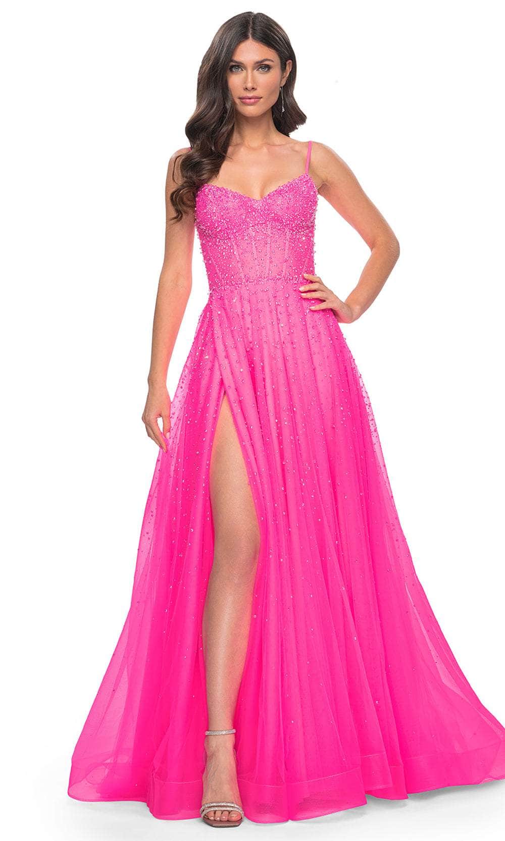 La Femme 32146 - Embellished Tulle Prom Dress Special Occasion Dress 00 / Neon Pink