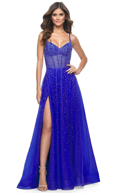 La Femme 32146 - Embellished Tulle Prom Dress Special Occasion Dress 00 / Royal Blue