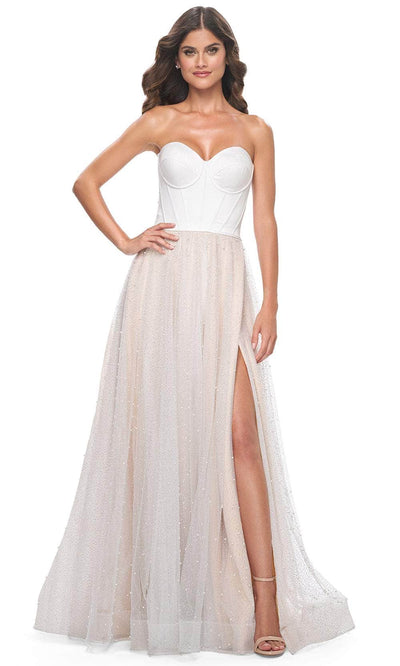 La Femme 32149 - Pearl Accented A-Line Prom Gown Prom Dresses 00 / White/Nude