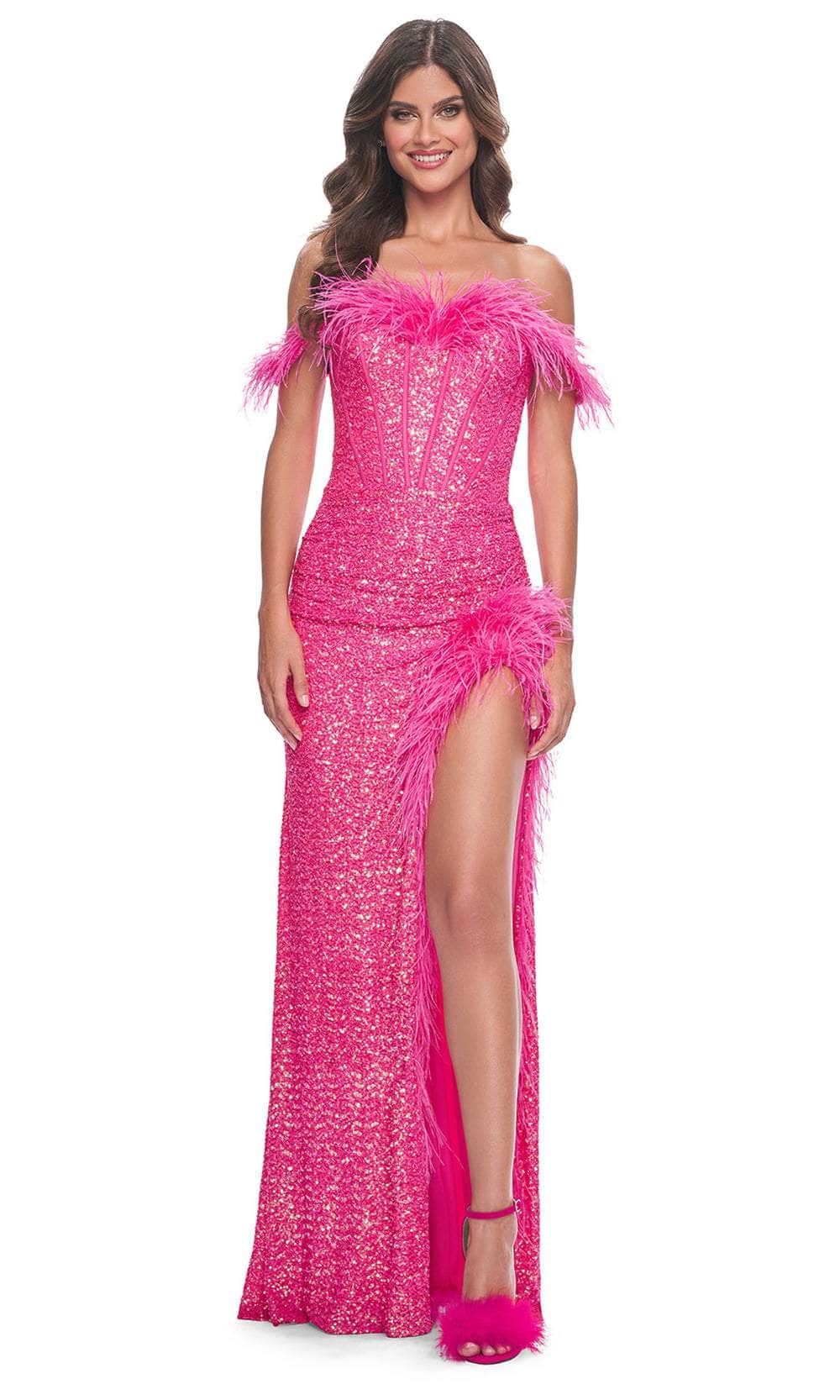 La Femme 32150 - Sequined Cap Sleeve Prom Gown Prom Dresses 00 / Neon Pink