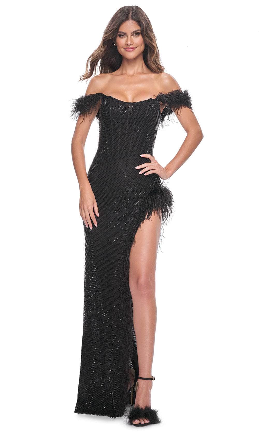 La Femme 32151 - Scoop Feather Trim Prom Gown Prom Dresses 00 / Black