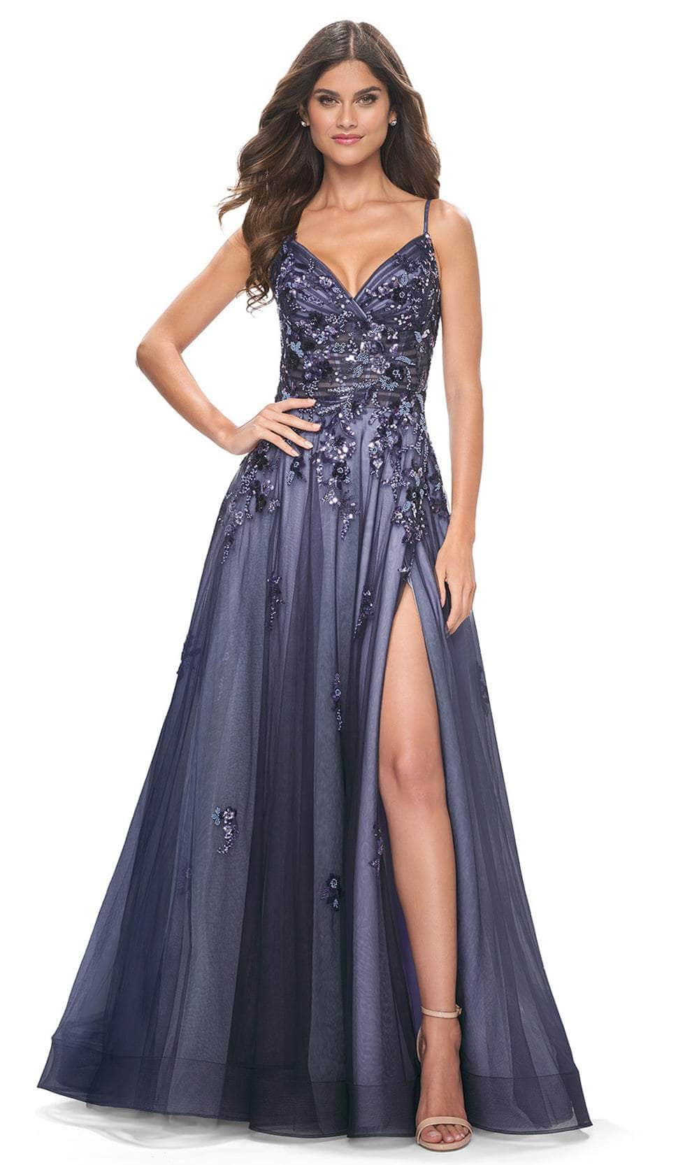 La Femme 32185 - Sleeveless Beaded Prom Gown Prom Dresses 00 / Navy