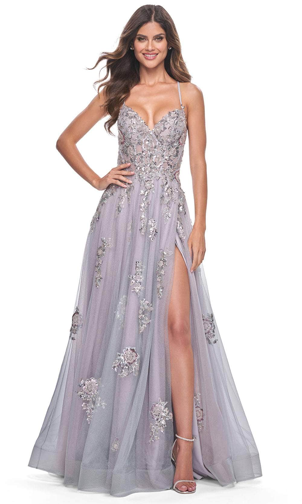 La Femme 32200 - Sleeveless Lace-Up Back Prom Gown Prom Dresses 00 / Lavender/Gray